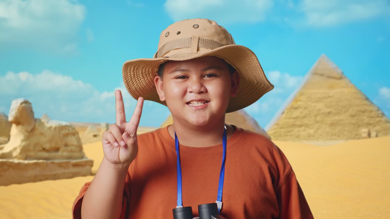 Asian Boy With A Hat And Binoculars Using The Magnifying Glass Then Showing Peace Gesture While Traveling In Giza Pyramid. Boy Researcher Examines Something, Travel Tourism Adventure, Close Up