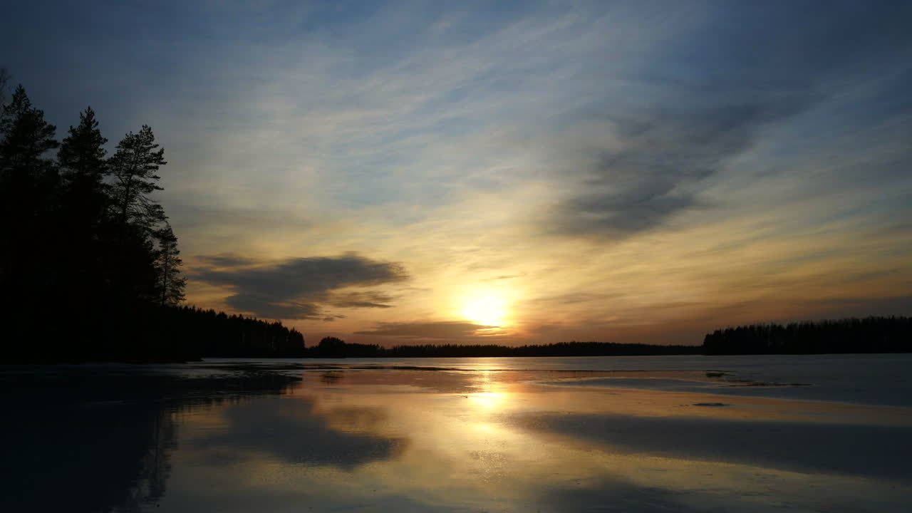 Stunning Timelapse of water reflections on the icy lake by colorful sunset