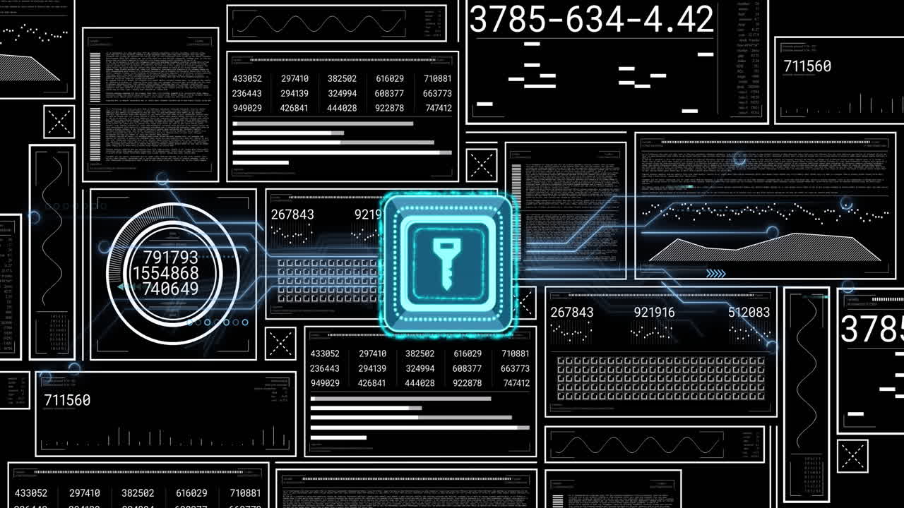 Animation of data processing and key icon over dark background