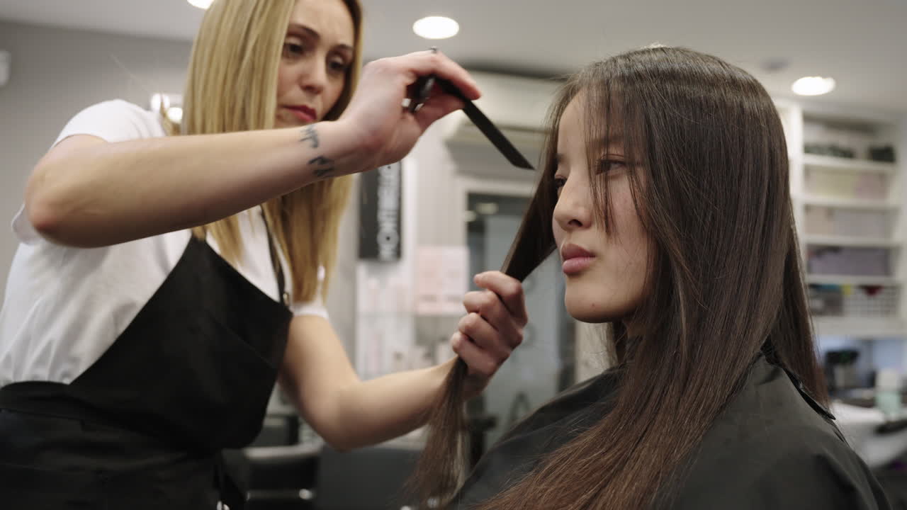 Hairdresser giving a haircut to a woman in a hair salon