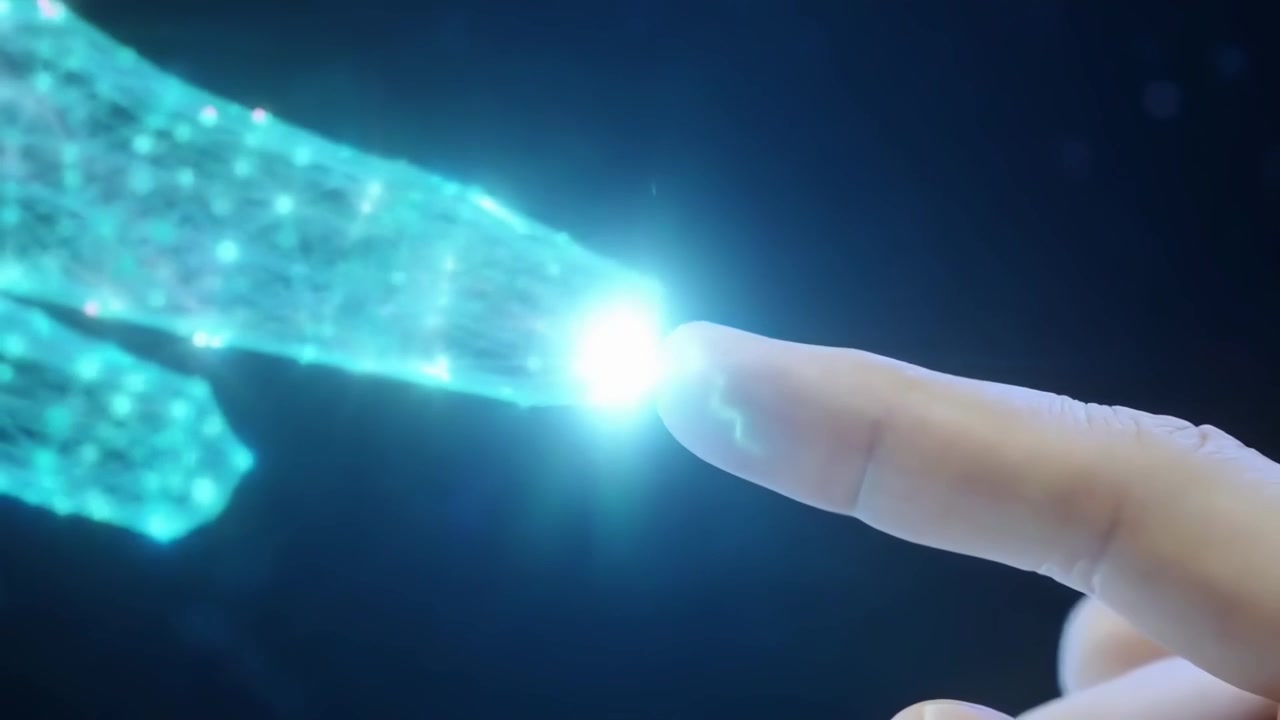 Human Finger Touching Digital Wireframe Hand Interface