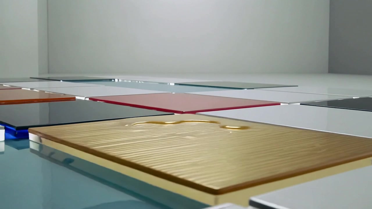 Telecamera che scorre rivelando una griglia di pannelli quadrati in uno studio bianco con distanziatori bianchi, mostrando variazioni cromatiche