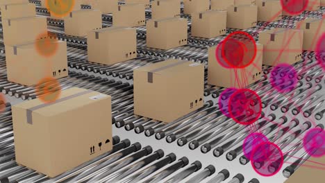 animation of networks of connections over cardboard boxes on conveyor belts