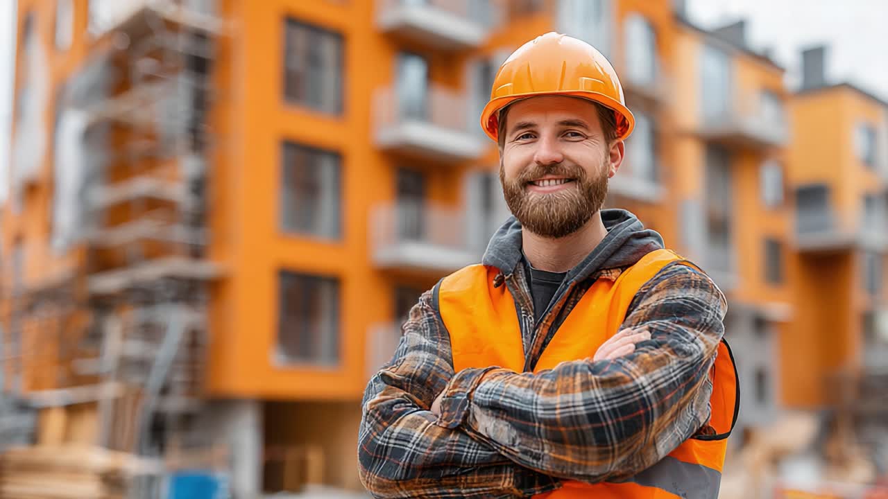 Smiling Construction Worker in Safety Gear with Orange Hard Hat and Vest at a Modern Building Site, Exuding Confidence and Pride in His Work Environment