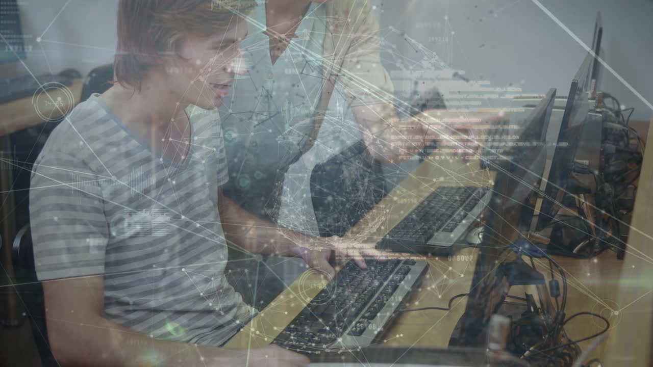 animación de conexiones a través de estudiantes caucásicos que usan computadoras