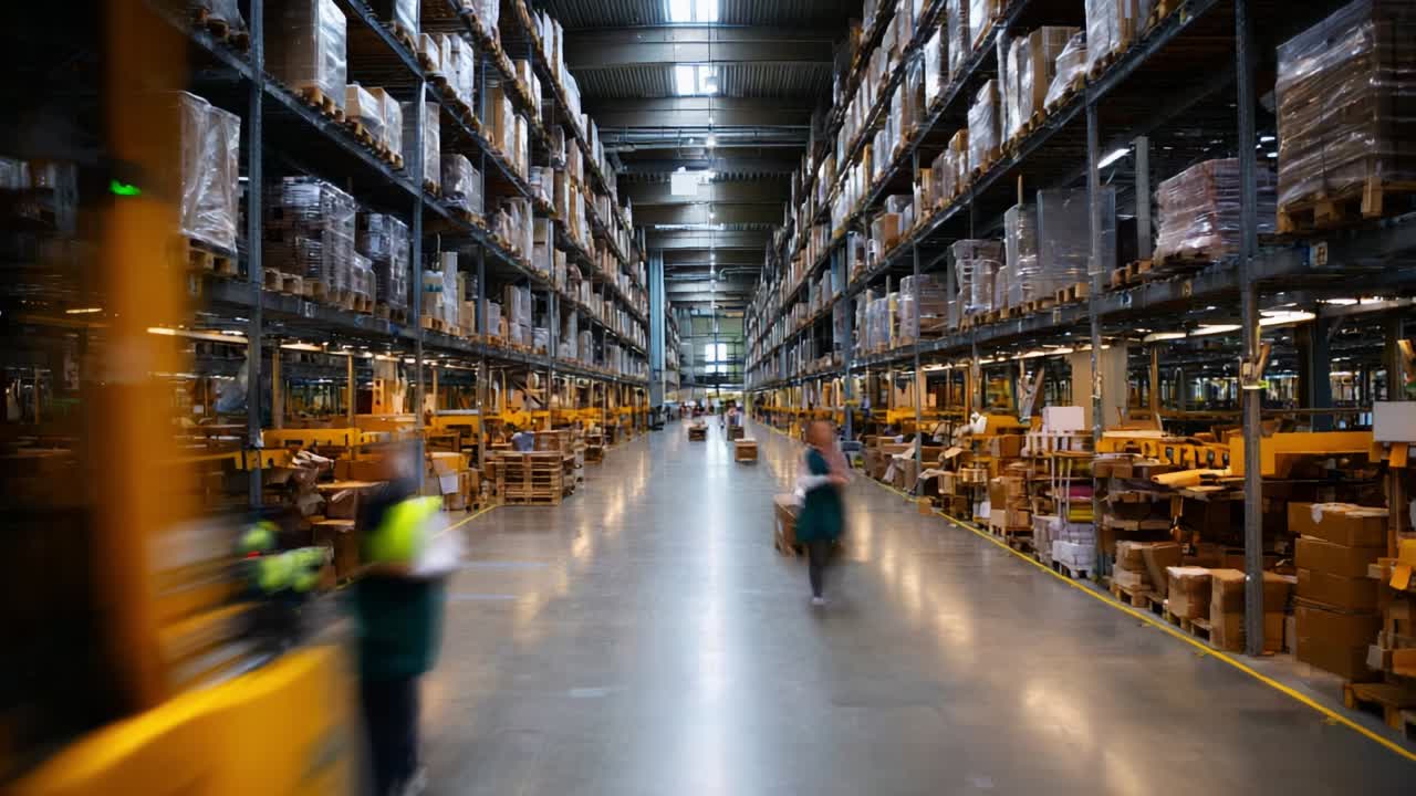 A bustling warehouse scene capturing the dynamic environment of organized storage, showcasing employees navigating through rows of neatly stacked boxes and shelving units under bright fluorescent lighting