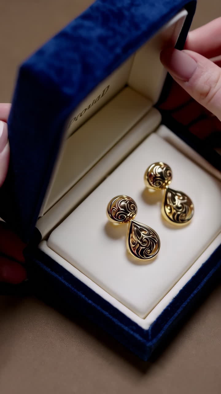 Gold Drop Earrings in a Blue Velvet Box