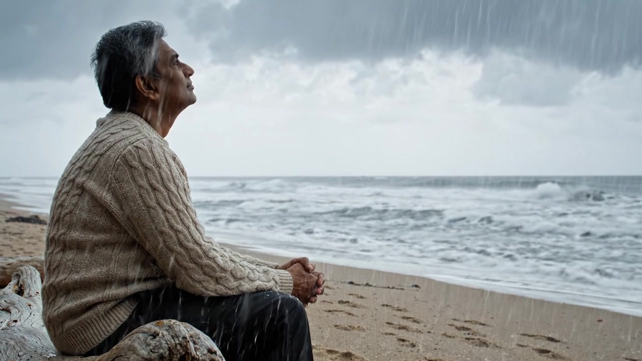 Contemplation by the Shore: A Solitary Reflection on Life Amidst Turbulent Waves and Darkening Skies