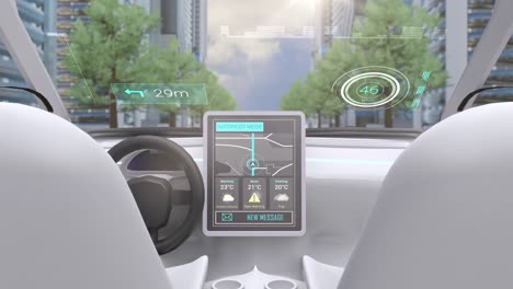 video game simulation screen showing car cockpit driving through city streets