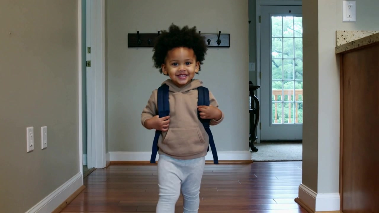 Turning toddler in hoodie gripping straps hearing noise at back door in home hall, smiling, walking