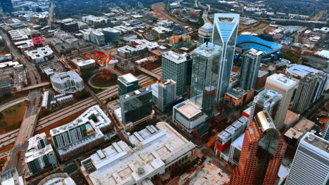 aerial perspective on the lively modern downtown of charlotte, nc, usa. view on the buildings and streets of the city from drone