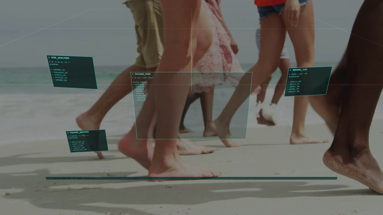 Gruppo di camminatori adulti che iniziano a camminare da sinistra lungo la costa, con un HUD che traccia i piedi per una demo tecnologica.