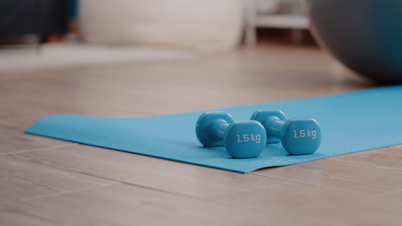 Close up of dumbbells used to train arms muscles at home