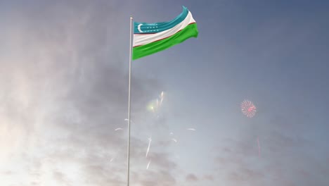 bandera de uzbekistán con fuegos artificiales en el fondo
