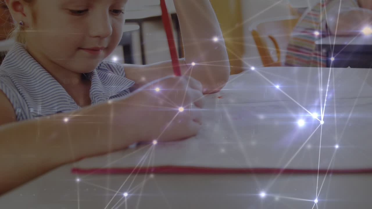 animación de la red de conexiones sobre un niño caucásico en el aula