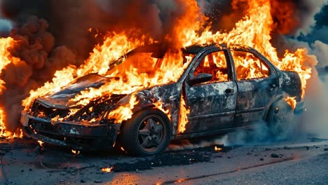 a burnt out car on fire on the side of the road