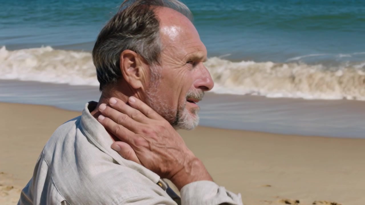 Sentendo una leggera brezza, un uomo in camicia alza la mano, si strofina il collo, guardando le onde su una spiaggia sabbiosa.