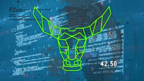 Animación-De-Globo,-Datos-Y-Cabeza-De-Toro-Sobre-Fondo-Azul