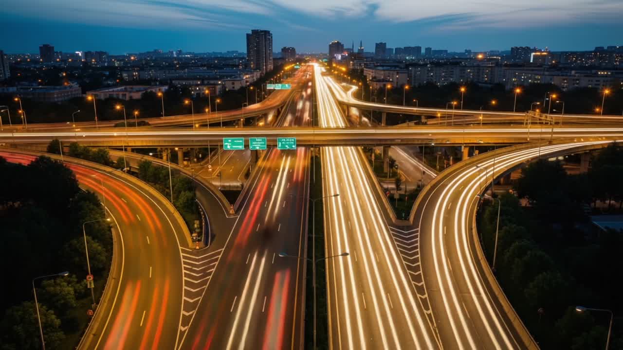 A Stunning Aerial View of a Busy Urban Highway at Twilight, Capturing Flowing Traffic and Vibrant City Lights Along Multi-Lane Overpasses and Intersections