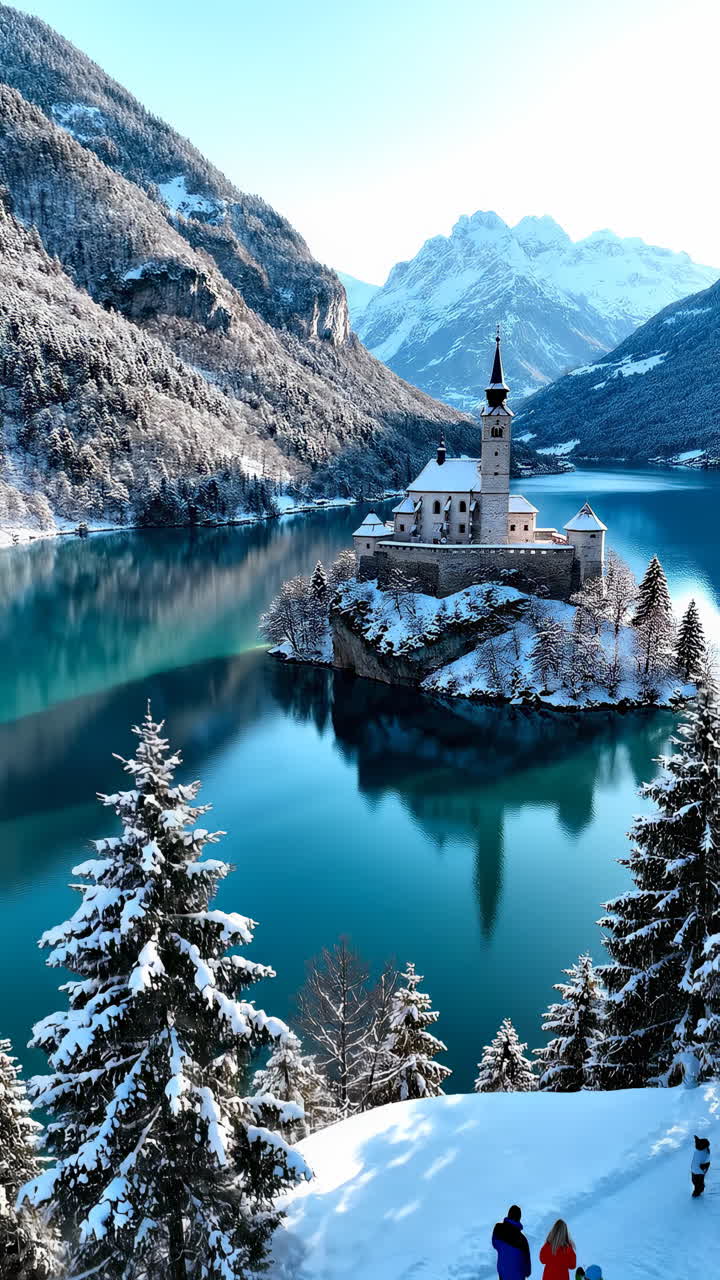 Familia admirando un paisaje invernal con un castillo en un lago turquesa