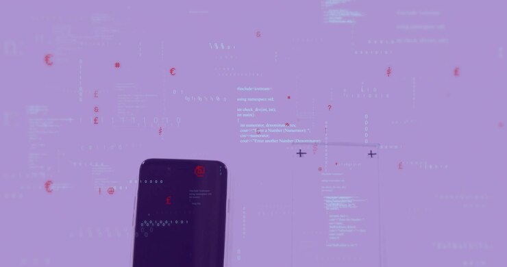 Phone entering from bottom, aligning frame, showing purple HUD code and drifting red icons for tech