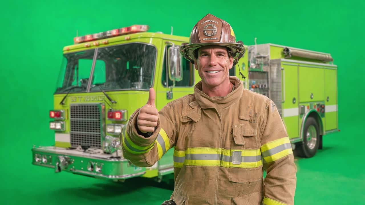 A Confident Firefighter Gives a Thumbs Up in Front of a Bright Green Fire Truck, Showcasing Safety, Readiness, and Courage in Emergency Situations