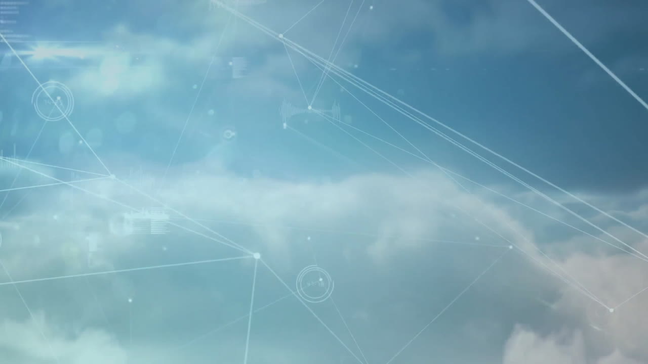 Animation of network of connections with data processing over sky with clouds