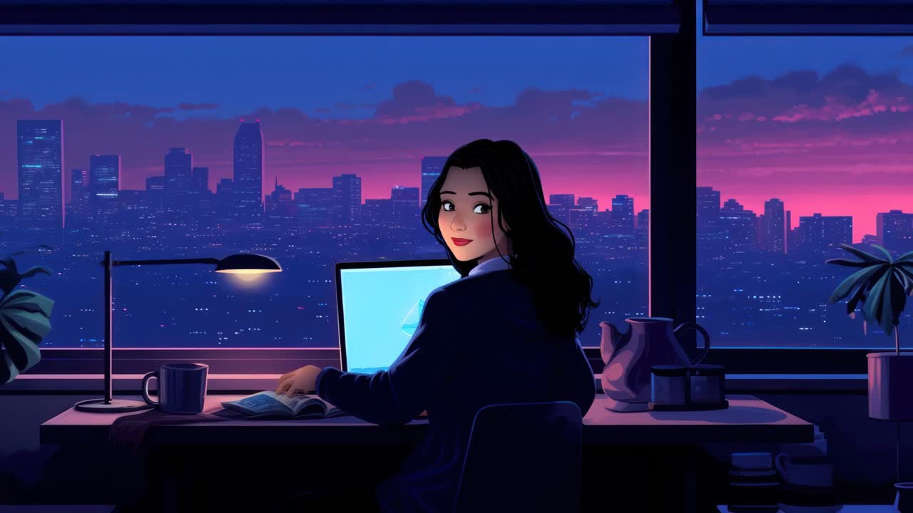 Una donna lavora su un portatile in una stanza scarsamente illuminata, con vista su un paesaggio urbano al crepuscolo