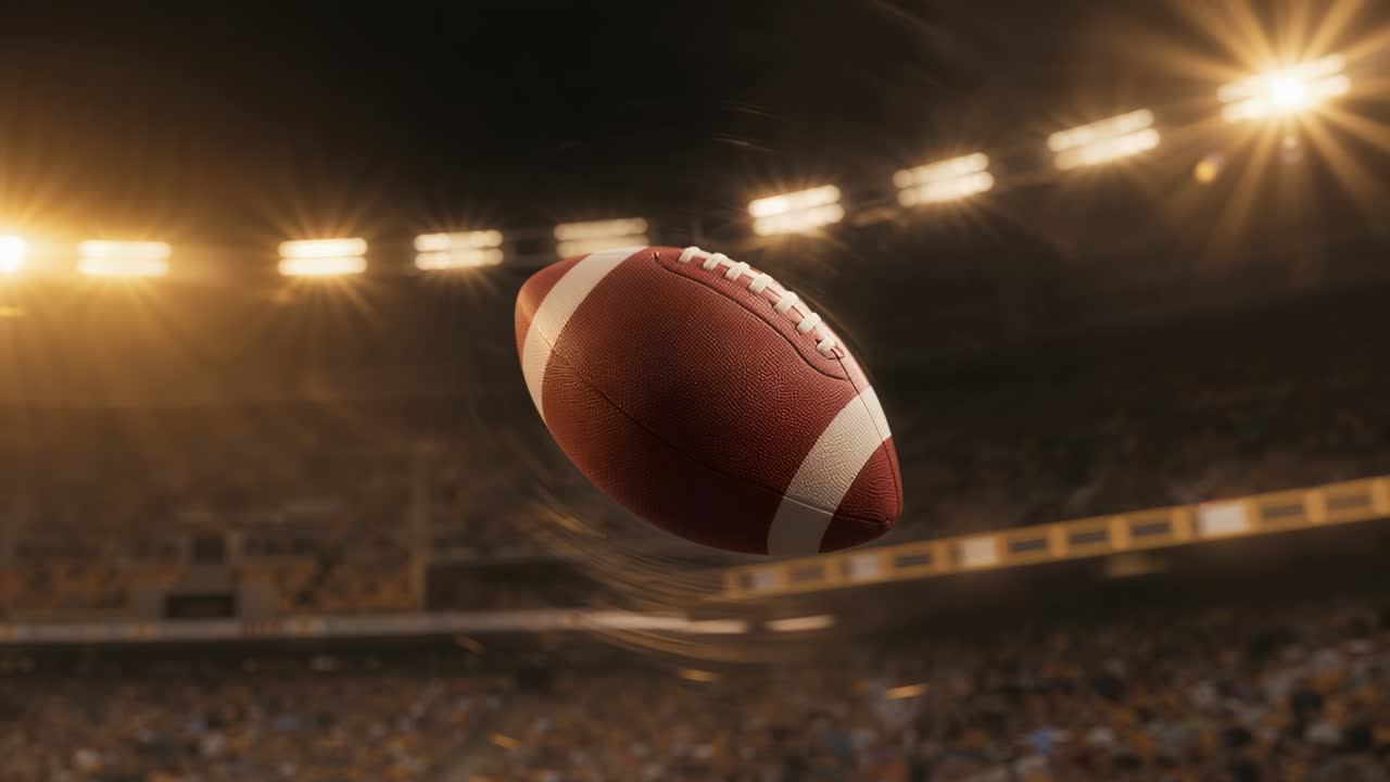 Un pallone da football americano che ruota e si muove verso la telecamera, con messa a fuoco della telecamera allo stadio e illuminazione dei riflettori