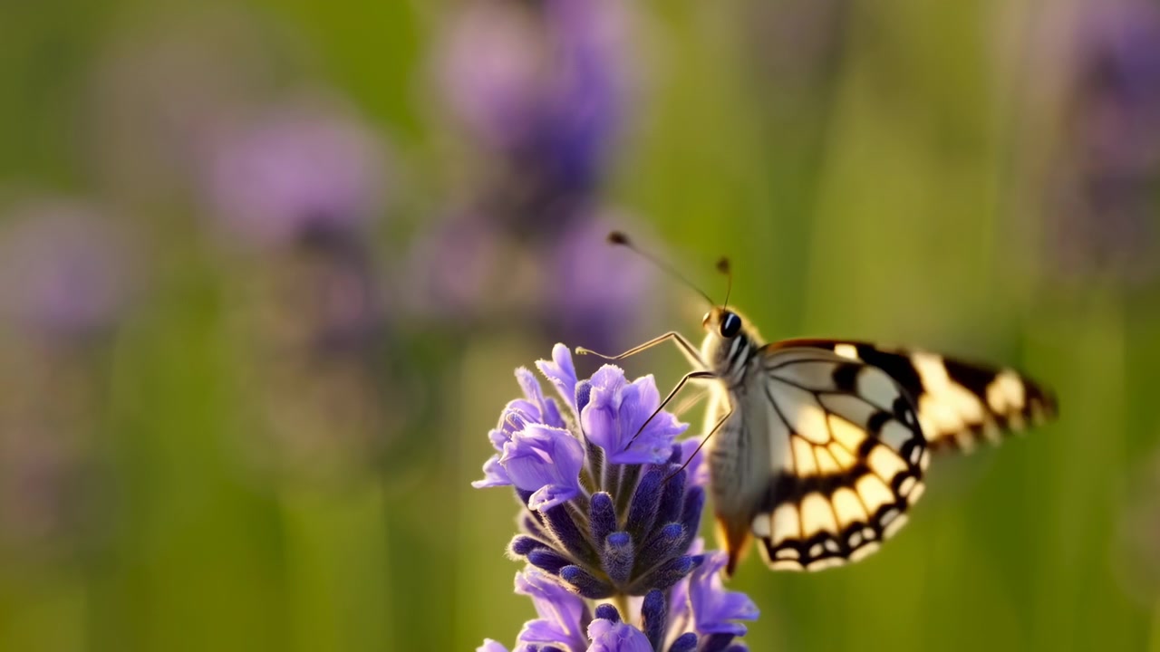 Una farfalla delicata si posa su un fiore viola mentre aggiusta le ali per diversi istanti, con vegetazione verde sfocata sullo sfondo e una luce diurna delicata che evidenzia le ali disegnate e la texture del fiore.