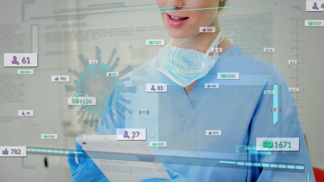 알림 바의 애니메이션, 컴퓨터 언어, 디지털 태블릿을 사용하는 백인 의사에 대한 바이러스