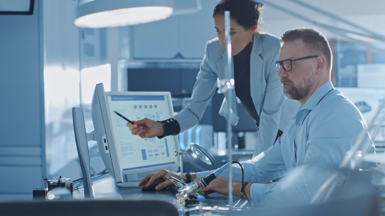 женщина-главный инженер разговаривает с мужчиной-специалистом по электронике, объясняя вещи, он работает на компьютере и соглашается с ней. современный и яркий офис с стильными людьми