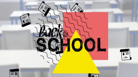 animation of back to school text and school items icons over empty classroom