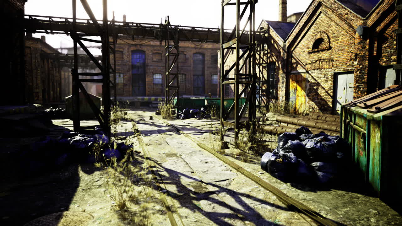 Abandoned industrial area with overgrown foliage in bright afternoon sunlight