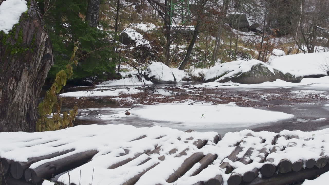 A beautiful nature video of a frozen river, snow and fallen brown leaves in the mountains, during winter