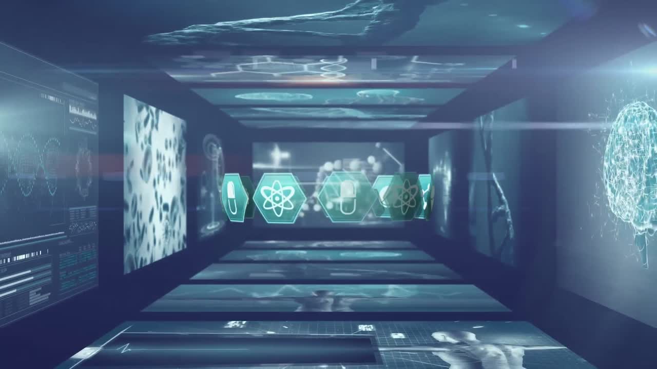 여러 개의 화면이 배경으로 회전하는 의료 아이콘의 애니메이션.