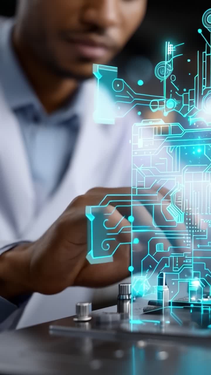 Hand touches glowing circuit design. Engineer focuses intently on digital schematic. Future tech meets human innovation. Ideal for robotics, engineering, or AI development