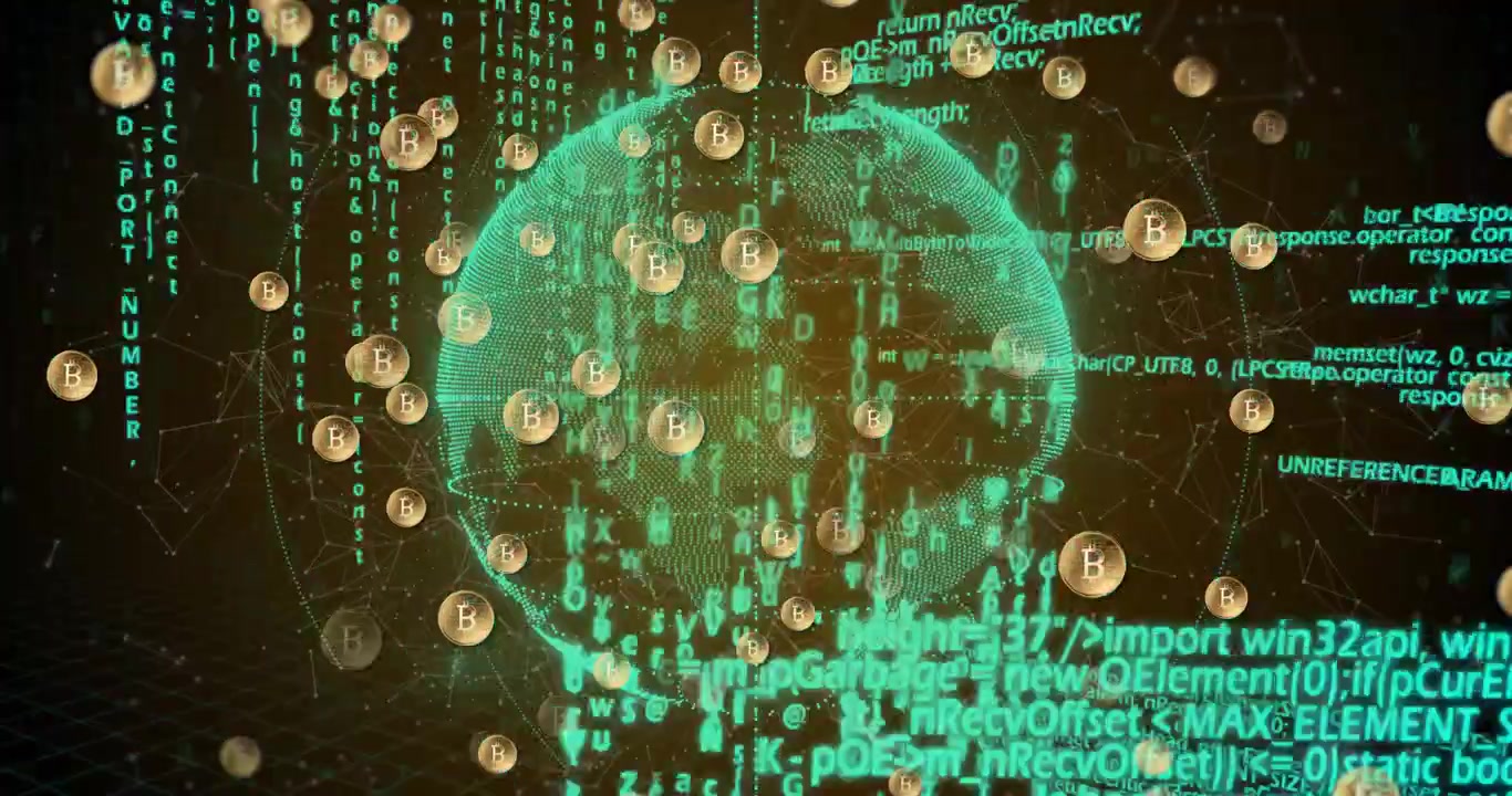 Pulse causing teal globe rotating while gold B coins orbiting, code streaming, mapping blockchain