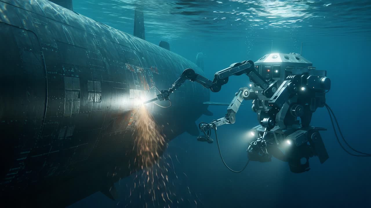 An Advanced Underwater Robot Performing Maintenance on a Submarine, Showcasing Cutting-Edge Technology and Innovative Design in a Deep-Sea Setting