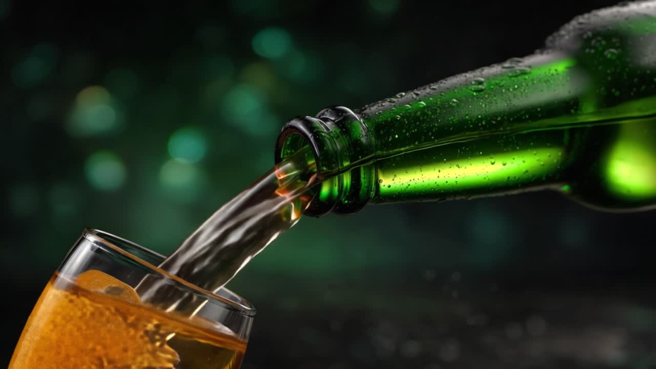 Bevanda rinfrescante: un'affascinante colata di liquido dorato da una bottiglia di vetro verde in un bicchiere trasparente, che cattura l'essenza della celebrazione e del piacere.