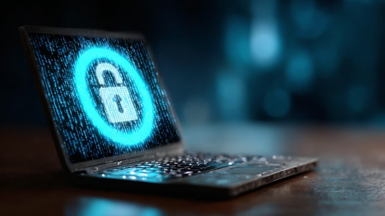 Digital Security: The Evolution of Online Protection Illustrated through Two Keyframes Showing a Locked Laptop Display with Data Encryption Visuals