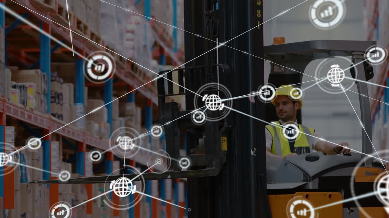 animación de la red de conexiones con iconos sobre el hombre caucásico que trabaja en el almacén