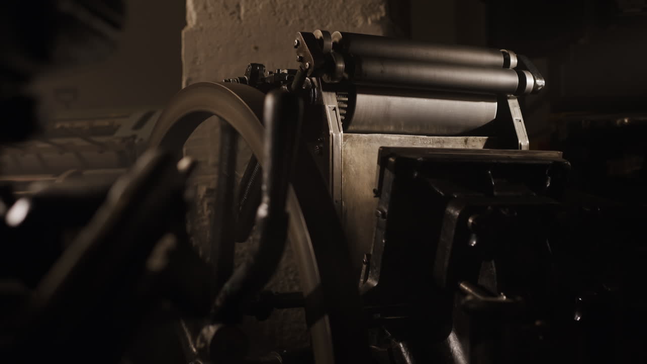 Vintage Printing Press in a Dark Room