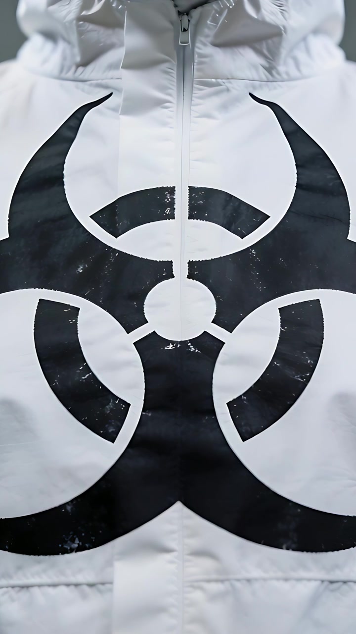 Video verticale: Torso che respira che indossa una felpa bianca con cerniera che mostra lo spostamento della cerniera in studio, biohazard.
