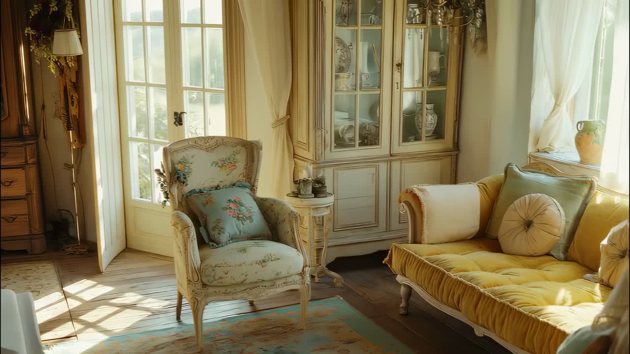 Sunlight is illuminating an elegant vintage living room with floral armchair, sofa, cushions, cabinet, wooden floor, rug, and curtains, creating a cozy and nostalgic atmosphere