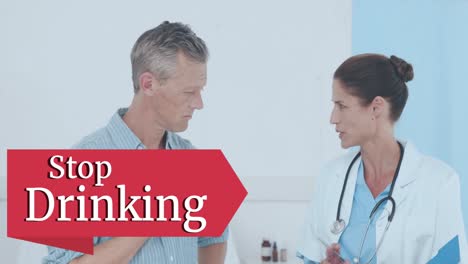Animation-of-stop-drinking-text-over-caucasian-female-doctor-with-patient-talking
