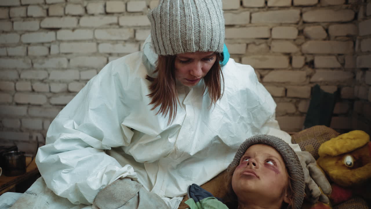 Rescuer in white hazmat suit and knitted hat kneels beside abandoned girl with bruised face and dirty clothing, lying on makeshift bedding, looking up with vulnerable eyes in cold brick shelter