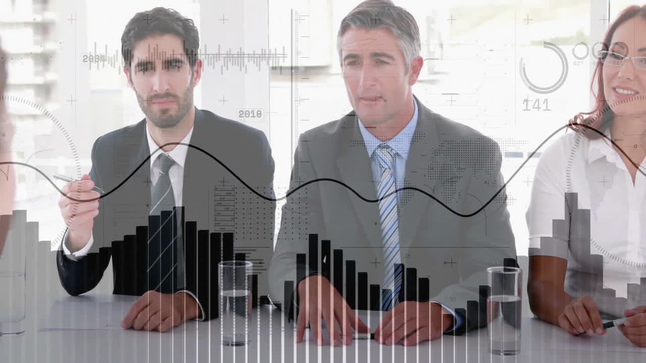 Business interview panel evaluating candidate performance, with animated charts and graphs