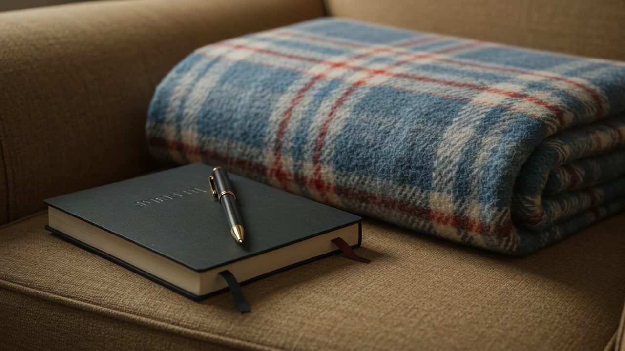 Una Scena Accogliente con una Coperta a Quadri, un Quaderno e una Penna su un Divano