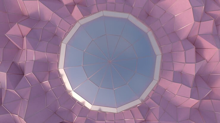 Padrão Geométrico Abstrato com Superfície Poligonal Rosa e Reflexo Central